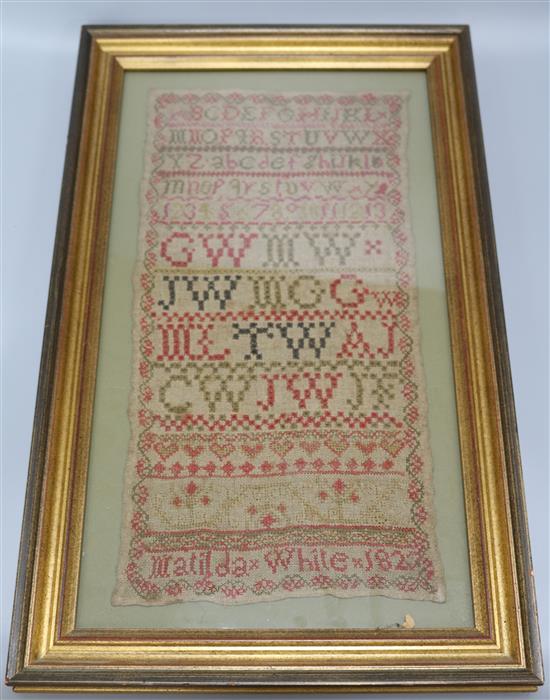 A George IV needlework sampler, Matilda White 1823 46 x 25cm